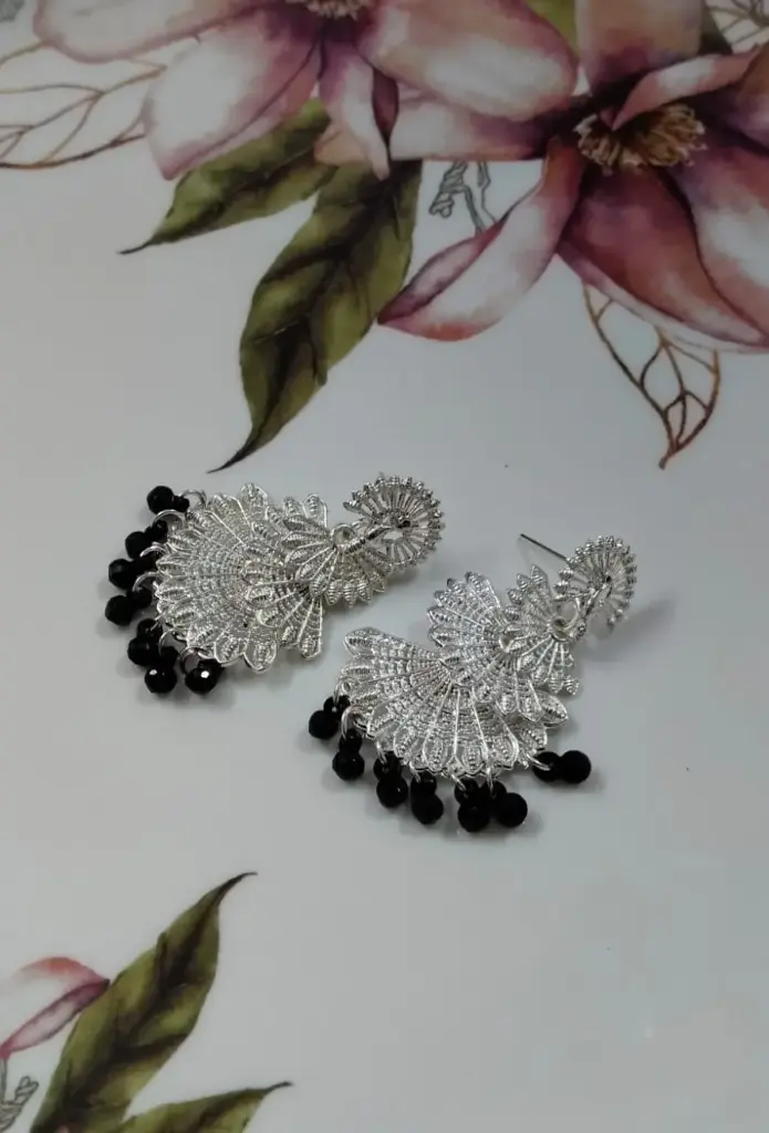 Oxidized Silver Peacock Earrings with Black Beads